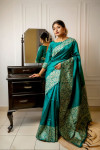 Rama green color handloom raw silk saree with woven design
