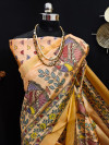Yellow color tussar silk saree with Madhubani printed work