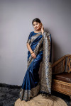 Navy blue color handloom raw silk saree with woven design