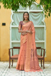 Orange color linen silk saree with woven design