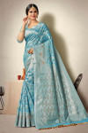Sky blue color linen cotton saree with woven design