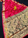 Pink color soft hand bandhej silk saree with zari weaving work