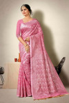 Baby pink color linen cotton saree with woven design