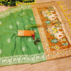 Green and orange color soft raw silk saree with woven design