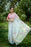 Gray color organza silk saree with digital printed work