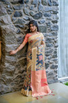 Light yellow color tussar silk saree with digital kalamkari printed work