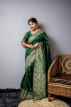 Bottle green color handloom raw silk saree with woven design