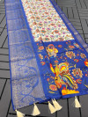 Off whie and blue color banarasi silk saree with kalamkari printed work