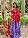 Red and purple color soft hand bandhej silk saree with zari weaving work
