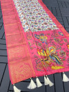 Off white and pink color banarasi silk saree with kalamkari printed work