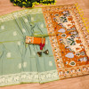 Sea green and orange color soft raw silk saree with woven design