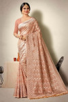 Peach color linen cotton saree with woven design