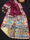Magenta color tussar silk saree with Madhubani printed work