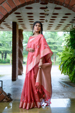 Gajari color tussar silk saree with zari weaving work