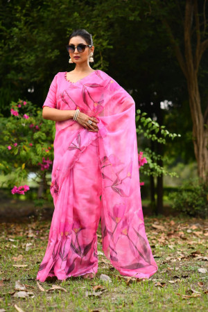 Baby pink color soft organza silk saree with digital printed work