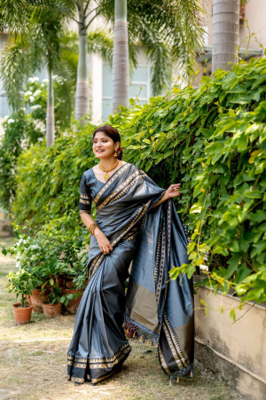 Gray color soft raw silk saree with woven design