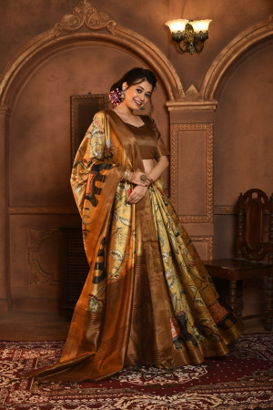 Golden yellow color tussar silk saree with digital printed work