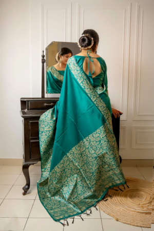 Rama green color handloom raw silk saree with woven design