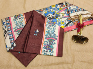Brown and off white color tussar silk saree with kalamkari  printed work