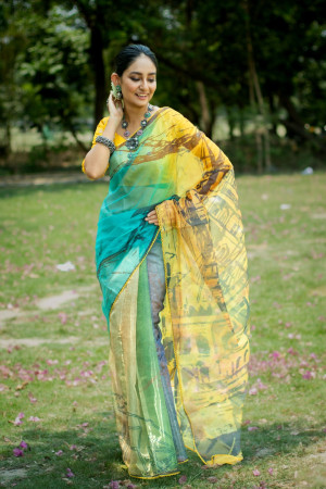 Rama green color organza silk saree with digital printed work