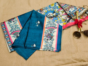 Blue and off white color tussar silk saree with kalamkari printed work