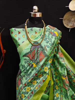 Pista green color tussar silk saree with kalamkari printed work