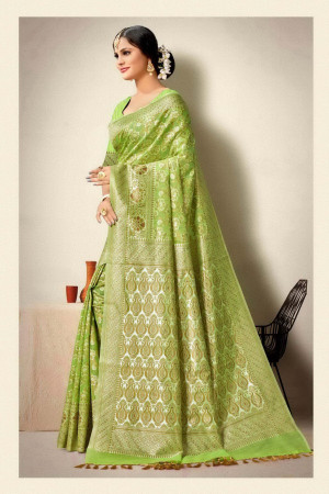 Parrot green color linen cotton saree with woven design
