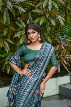 Bottle green color tussar silk saree with digital printed work