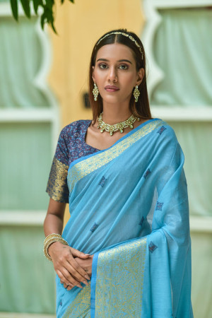 Sky blue color linen silk saree with woven design