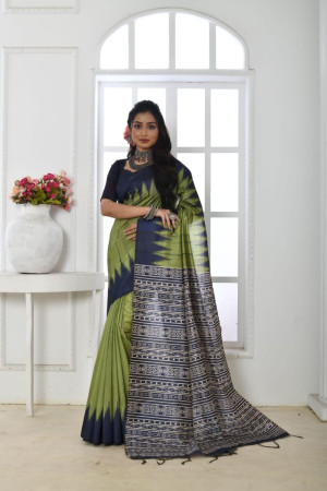 Parrot green color tussar silk saree with printed work