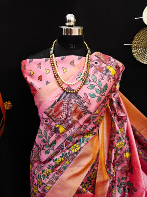 Baby pink color tussar silk saree with kalamkari printed work