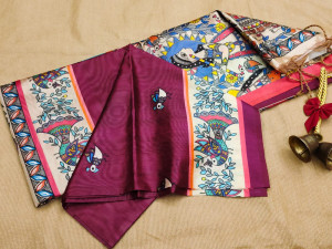 Magenta color tussar silk saree with kalamkari printed work