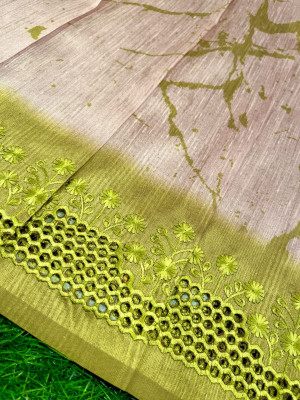 Beige and parrot green color soft tussar silk saree with embroidered cutwork