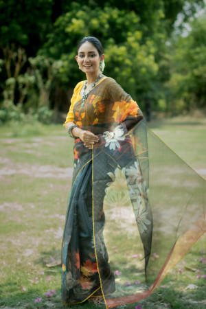 Black color organza silk saree with digital printed work