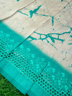 Beige and sea green color soft tussar silk saree with embroidered cutwork