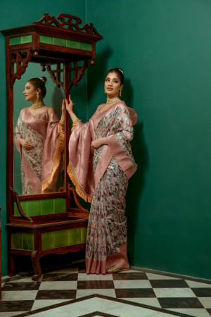 Peach color soft muga silk saree with digital printed work