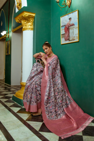 Baby pink color soft muga silk saree with digital printed work