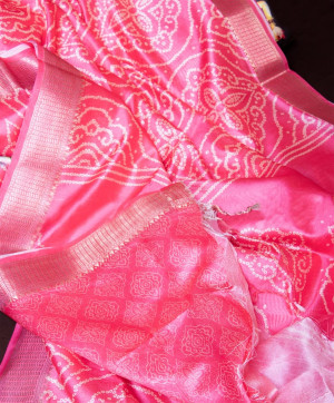 Pink color soft tussar silk saree with bandhani printed work
