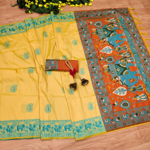 Yellow and orange color soft raw silk saree with woven design