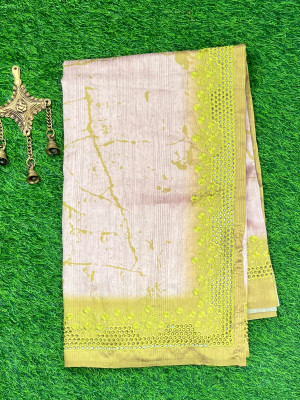 Beige and parrot green color soft tussar silk saree with embroidered cutwork