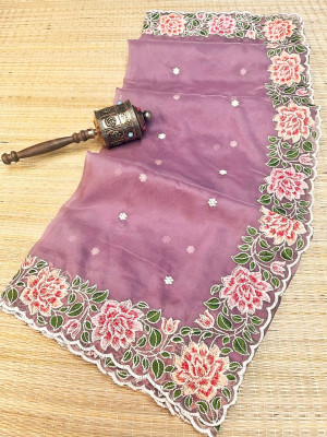 Lavender color organza silk saree with embroidery work