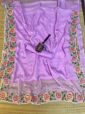 Light purple color organza silk saree with embroidery work