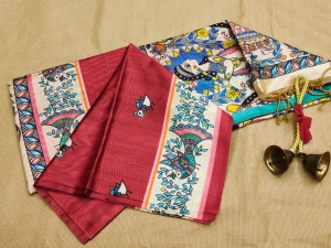 Red and off white color tussar silk saree with kalamkari printed work