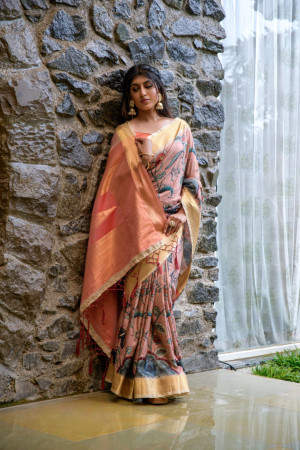 Peach color tussar silk saree with digital printed work