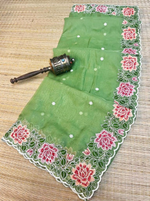 Green color organza silk saree with embroidery work