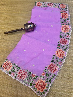 Light purple color organza silk saree with embroidery work