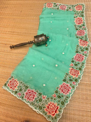 Sea green color organza silk saree with embroidery work