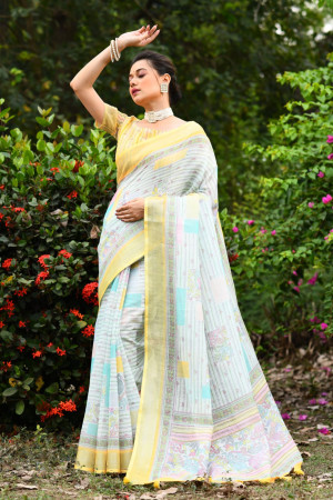 Multi color soft linen saree with printed work