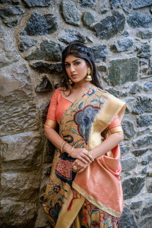 Light yellow color tussar silk saree with digital printed work