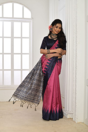 Rani pink color tussar silk saree with printed work